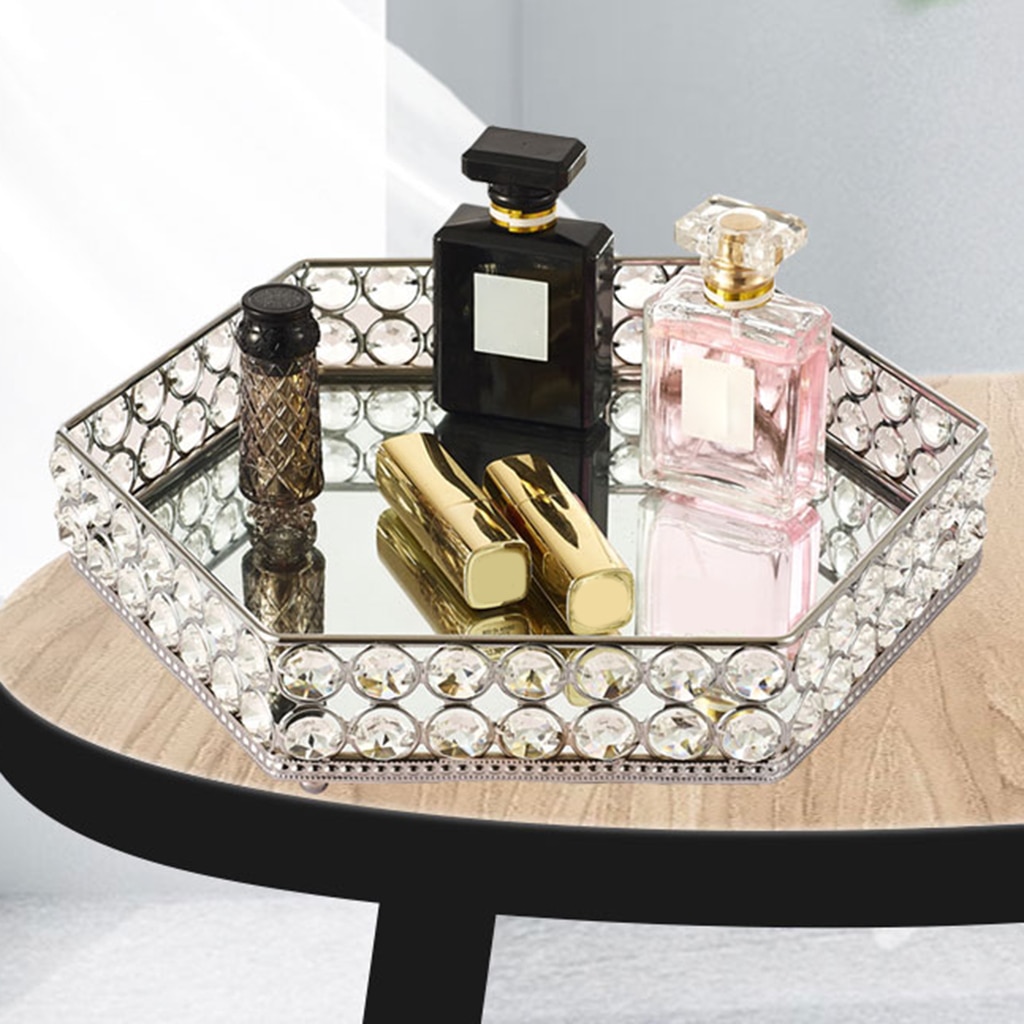 Spejlglas krystal forfængelighed bakke - dekorativ serveringsbakke til parfume, smykker og makeup (hex , 11 tommer, sølv)