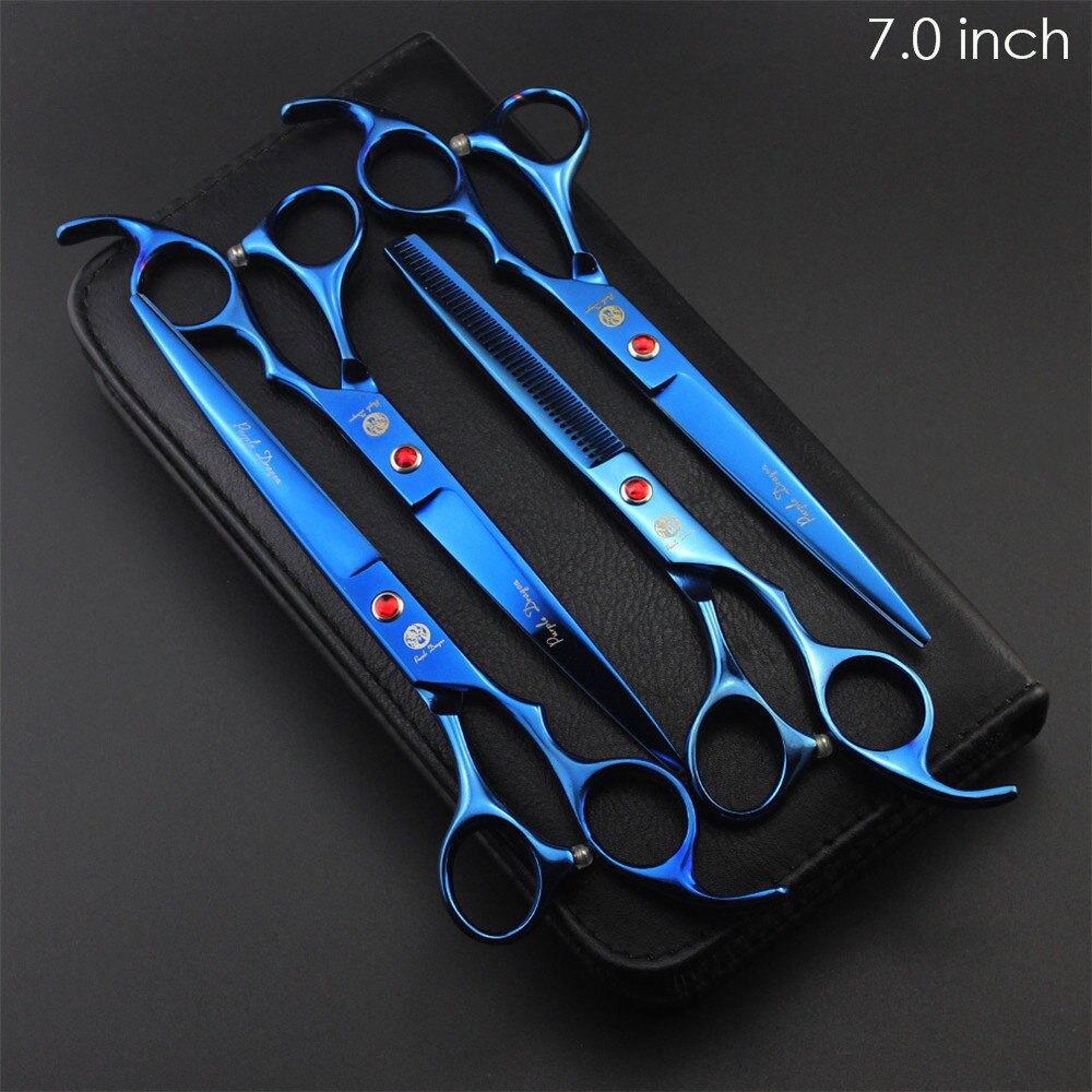 4pcs/set Pet Grooming Scissors Set 7 inch 8 inch Straight+ Curved +Thinning Shears Sharp Edge Hair Cutting Scissors: 7 inch Blue