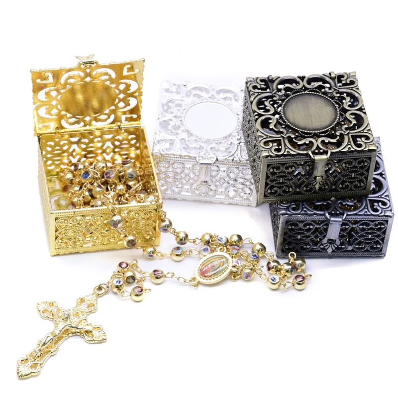 Rozenkrans Kralen Box Ketting Metalen Christian Katholieke Religieuze Sieraden Case Organizer