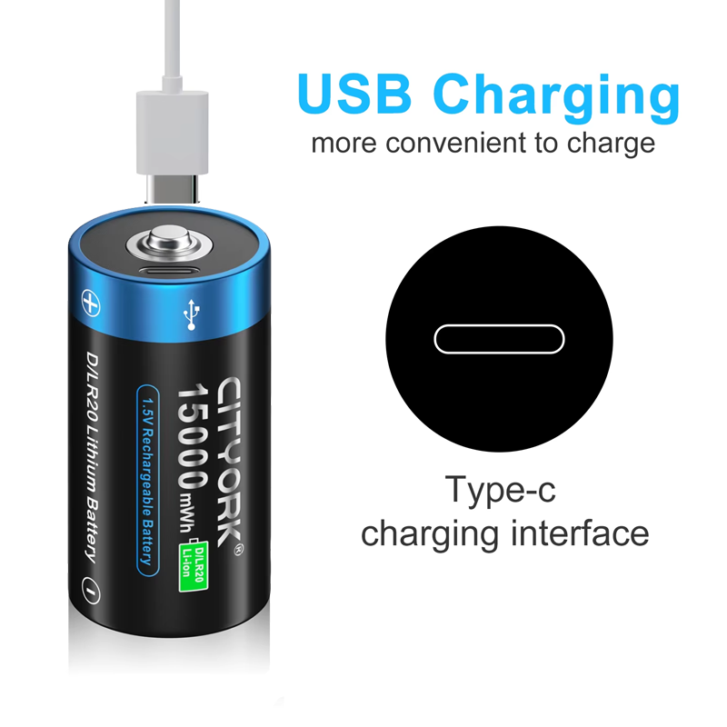CITYORK-batería de litio recargable tamaño D, 1,5 V, carga USB, baterías de iones de litio R20 LR20 con USB para estufa de Gas, linterna de agua