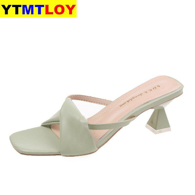 Vita våren kontorsskor kvinnor höga klackar pump 5cm slip-on sandaler sandalier bekväma dam tennis casual öppen gladiator: Grön / 36