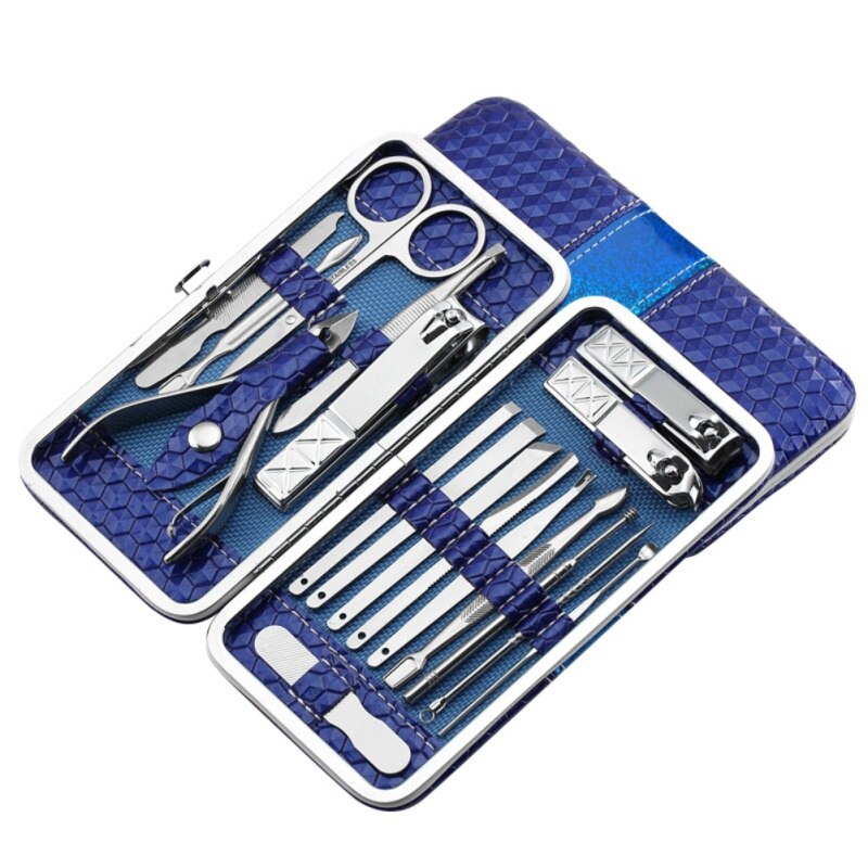 18 Pcs Nail cutter Set Nail Clipper Set bag Stainless Steel Manicure Pedicure Tool Nail Clipper Kit Set Luxurious Case free ship: 18pc blue