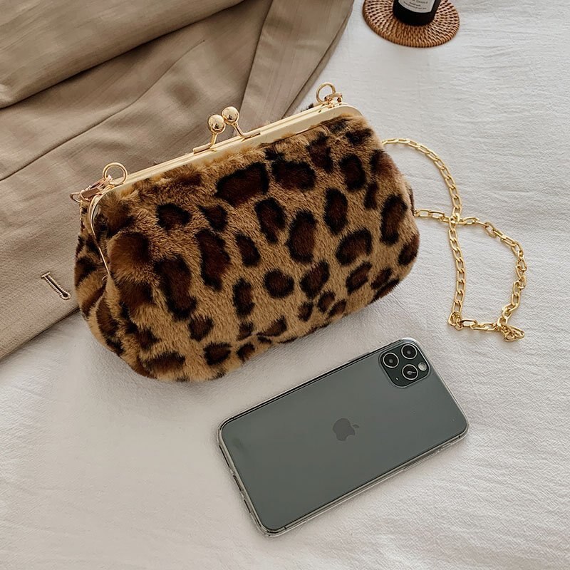 Luipaard Patroon Koppelingen Zak Winter Warm Pluche Avondtassen Vrouwen Messenge Tas Dames Party Handtassen Bolsas