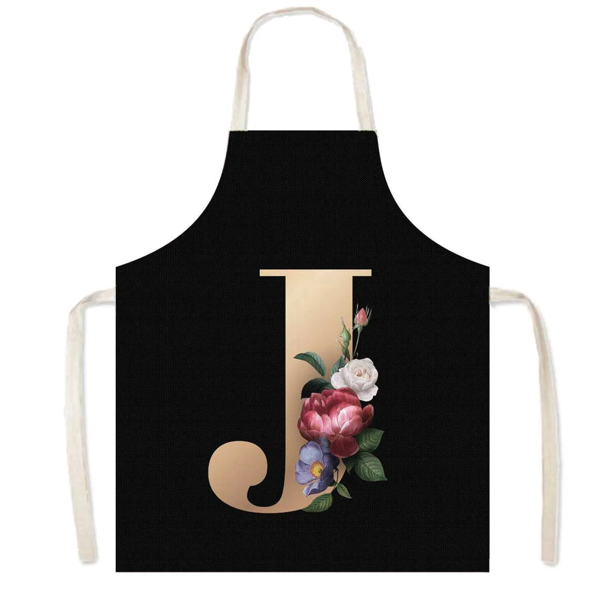 Delantal de cocina con estampado de flores y 26 iniciales, delantales de cocina con letras de A-Z para mujer, Chef de barbacoa, camarero, herramienta de limpieza para hornear en casa, delantal