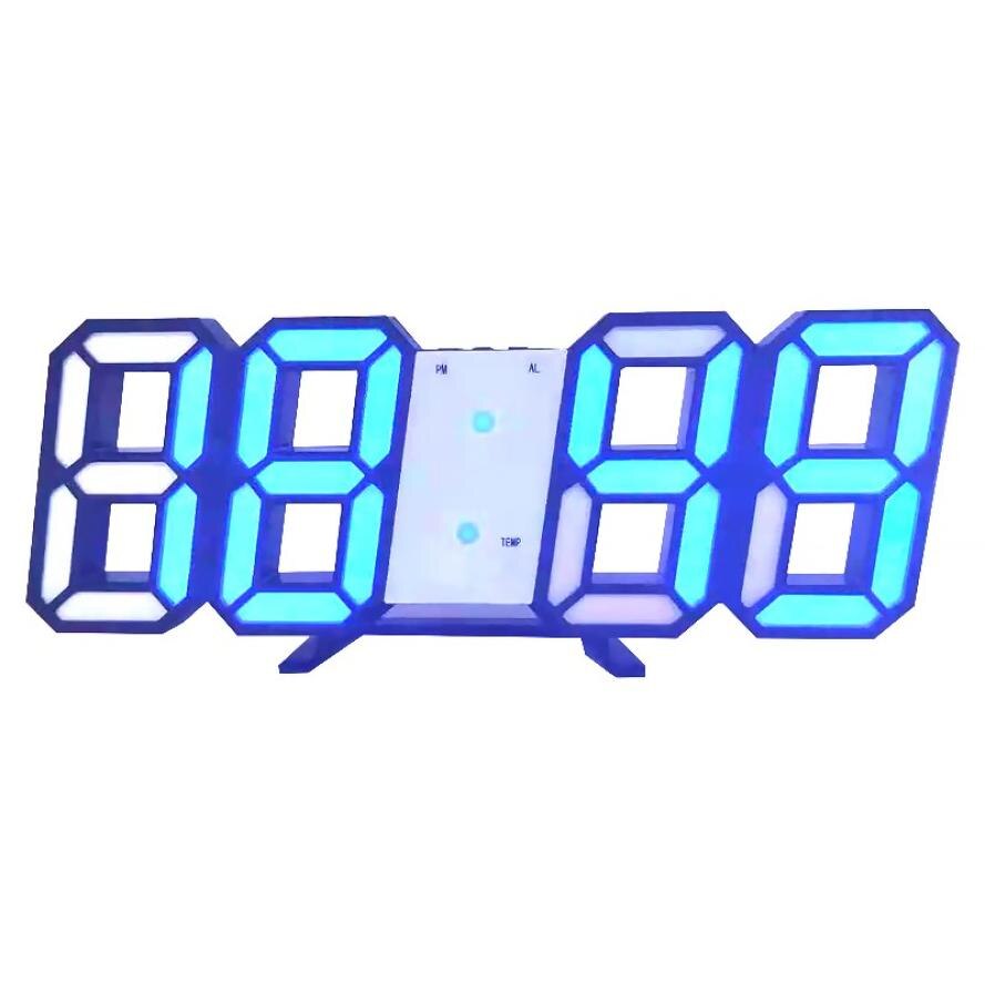 3d digitalt ur førte stor skærm temperatur elektronisk ur væghængende boligindretning bord desktop ur lysstyrke justerbar: Sort skalblå