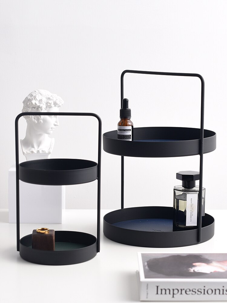 Bandeja de almacenamiento de doble capa de cuero, soporte de anillo de hierro forjado nórdico para el hogar, placa de exhibición de joyería, organizador de tocador