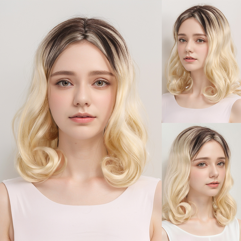 Skulderlangt kort hår litt krøllete hår midtskill gradient brun gull dame utkledningsparykk myk syntetisk varmebestandig og slitesterk egnet for daglig utkledning og fest cosplay-parykk festartikler hårfrisyre utkledning