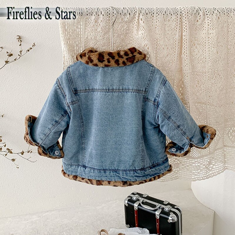 Winter Autumn Girls Denim Coat Baby Jacket Children Warm Outwear Kids Streetwear Clothes Leopard Fur 2 Side Wear 3 To 11 yrs