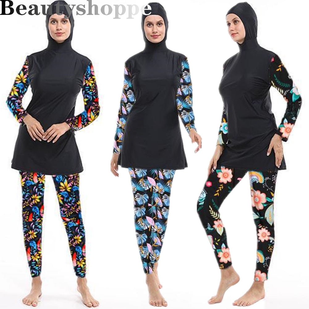 Women Floral Priended Muslim Swimwear Hijab Muslimah Islamic Swimsuit Swim Surf Wear Sport Burkinis S-5XL