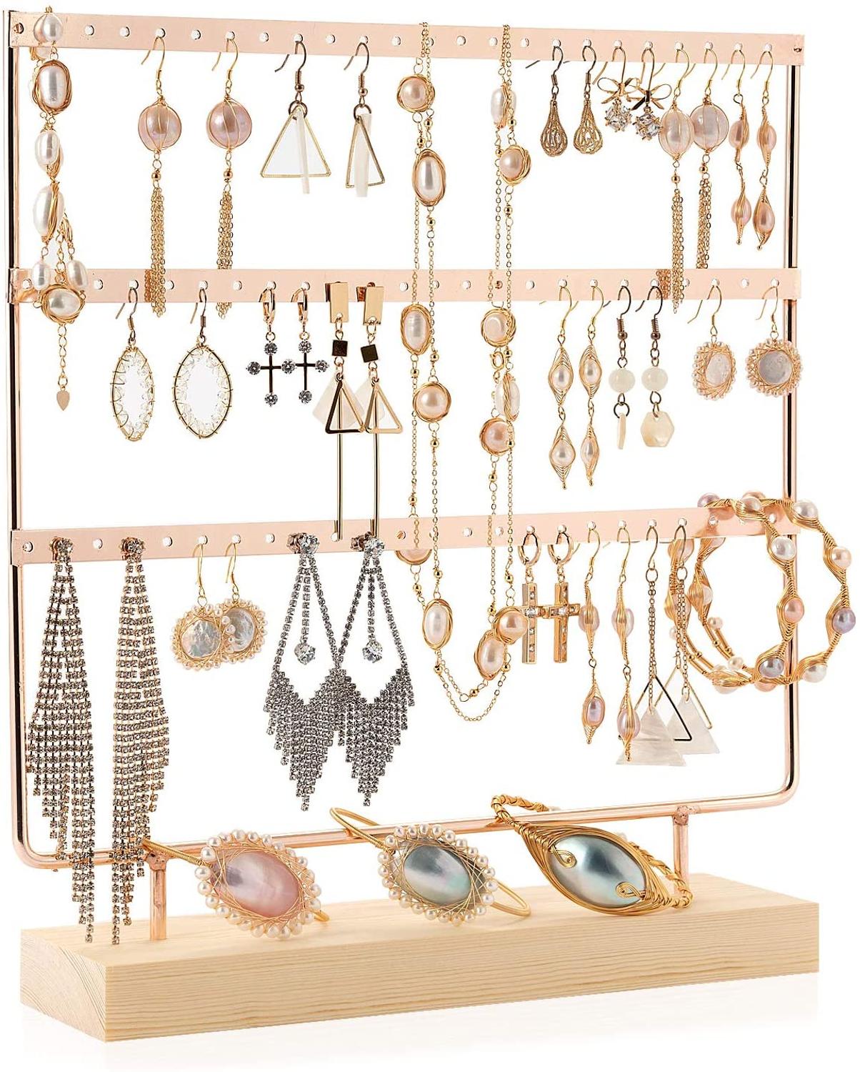 Oorbellenstandaard 3-- laags sieradenhouder organizer 69 gaten met houten basis displayrek voor vrouwen meisjes ho: Roségoud