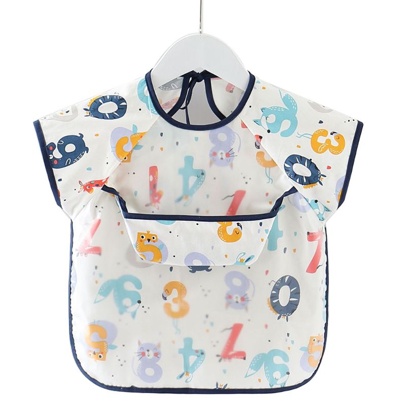 Waterproof Baby Bibs Adjustable Neckline Short Sleeve Apron Kids Feeding Smock