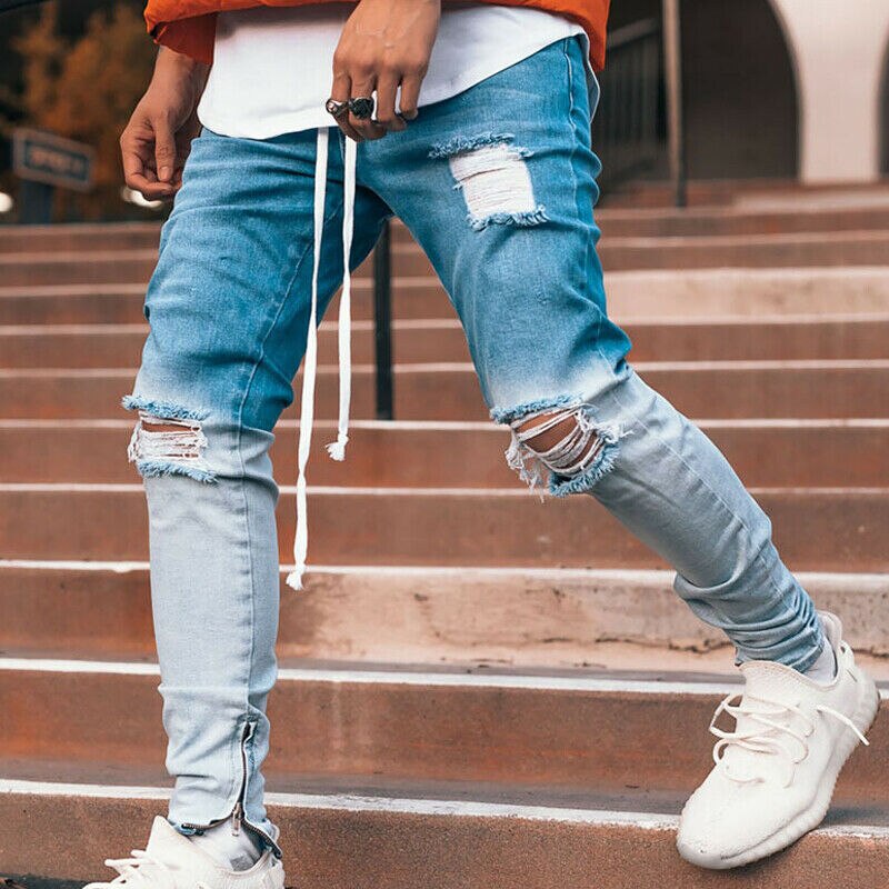 Vicabo herrebukser stretch lange jeans plus størrelse 3xl sorte herre gradient bukser med revet hul herre blå denimbukser