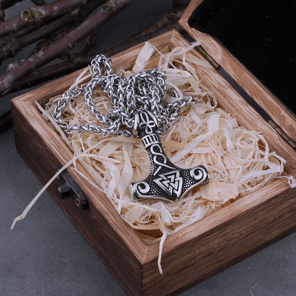 Stainless Steel Viking Mjolnir Quake and Odin Rune Necklace Men's Vintage Charm Vintage Pendant Viking Jewelry: Light Yellow Gold Color