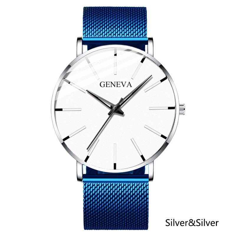 Heren ultradunne horloges minimalistische eenvoudige heren zakelijke roestvrijstalen mesh band quartz horloge relogio masculino: Blauw zilver wit