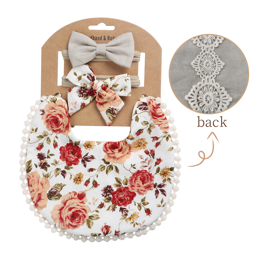 Conjunto de Baberos con diadema para bebé, toalla con borla para Saliva, Bandana con estampado Floral, lavable, paño para eructar, alimentación de bebé, 3 unids/set: 04