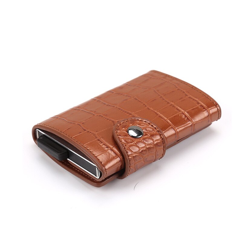 Metall kredittkortholder automatisk elastisk vintage kort id holdere aluminium lommebok pu skinn anti-tyveri rfid blokkerende lommebok: Alligator brun