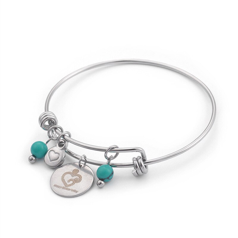 Blauwe kralen armband voor dames, 64mm roestvrijstalen hart- en letterarmbanden met bedel voor moederdag: Zilver