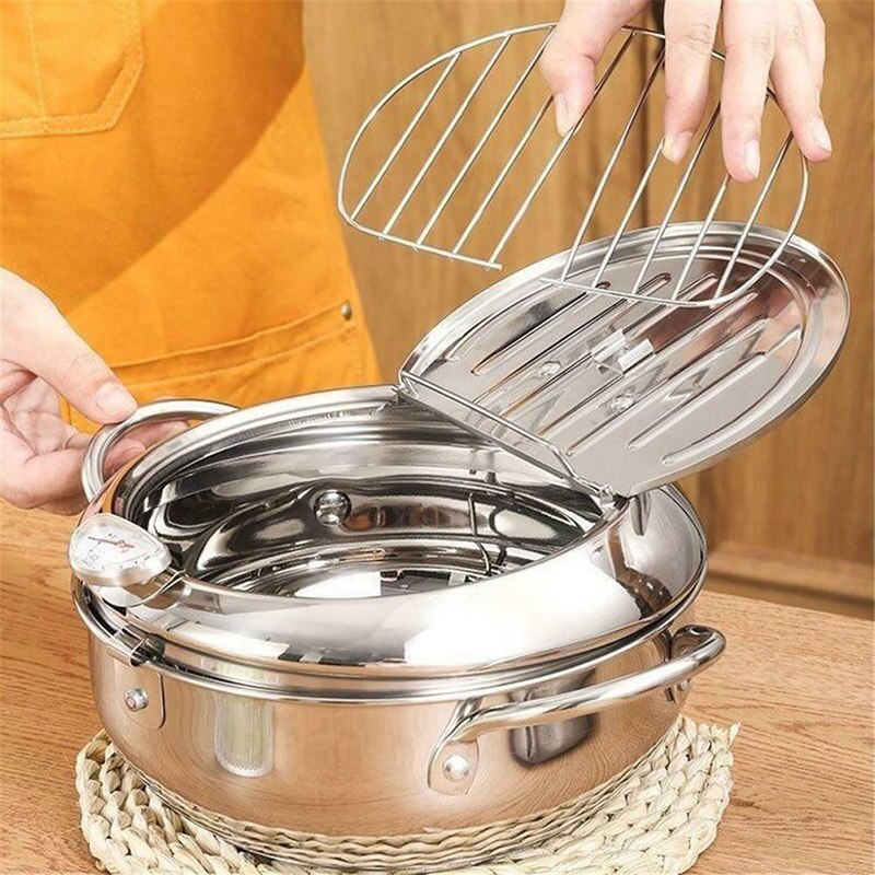 Tempura Fryer with Thermometer Lid Non-stick Stainless Steel Frying Pot for Kitchen MSU88