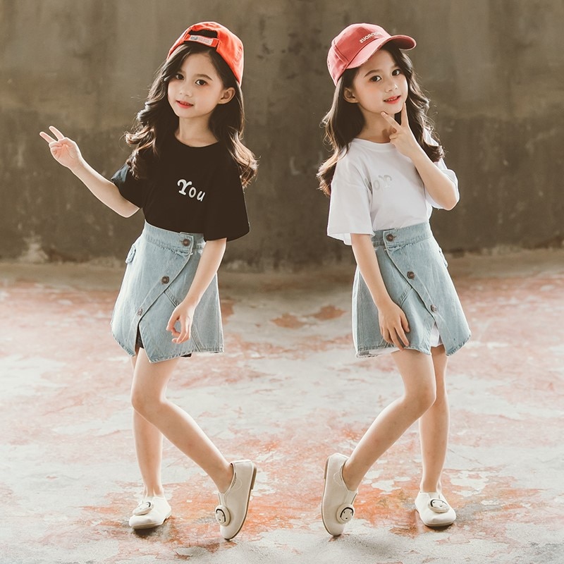 Girls Clothing Set Letter T-shirt Denim Skirt 2pcs Kids Clothes for Girl 3 4 6 7 9 10 11 12 Year Toddler Teen Children Suits