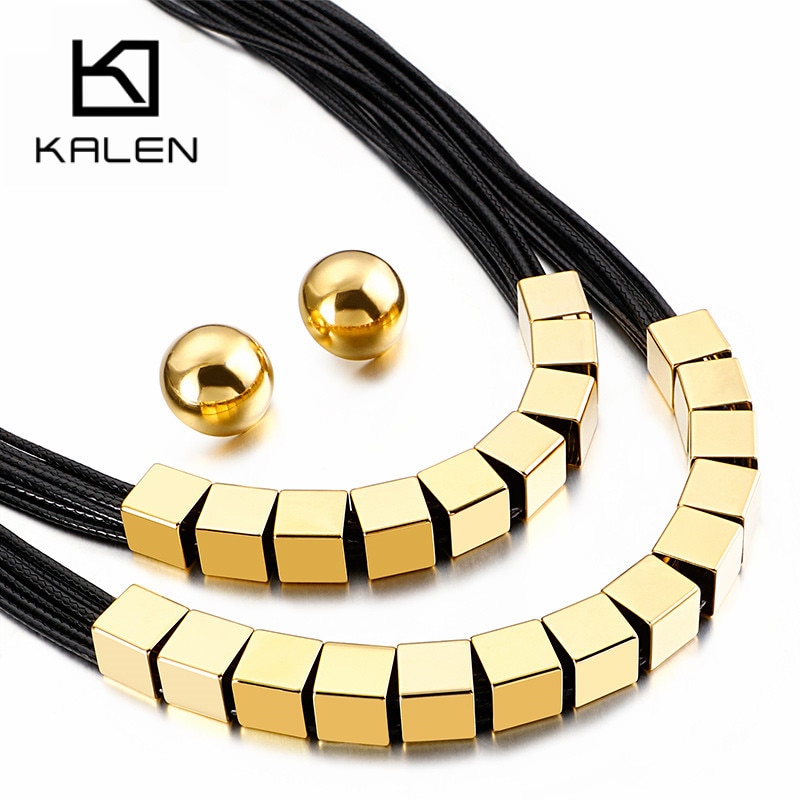KALEN Leather Rope Choker Jewellery Multiple Color Stainless Steel Necklace Earrings Sets For Women Dubai Femme Jewelry Sets
