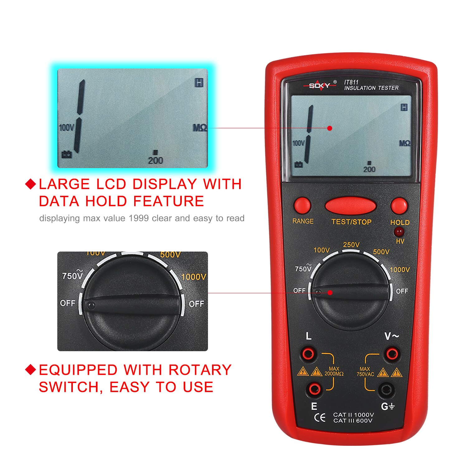 Insulation Resistance Meter Digital Megger Ohmmeter Handheld Insulation Tester 1MΩ-20GΩ Auto-Ranging Measurement Instrument