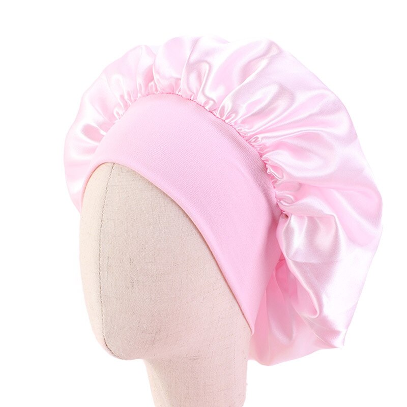 Baby Silky Satin Solid Wide-brimmed Sleeping Hat Girl Night Sleep Hair Cap Bonnet Nightcap For Children Unisex Hair Tool: Pink
