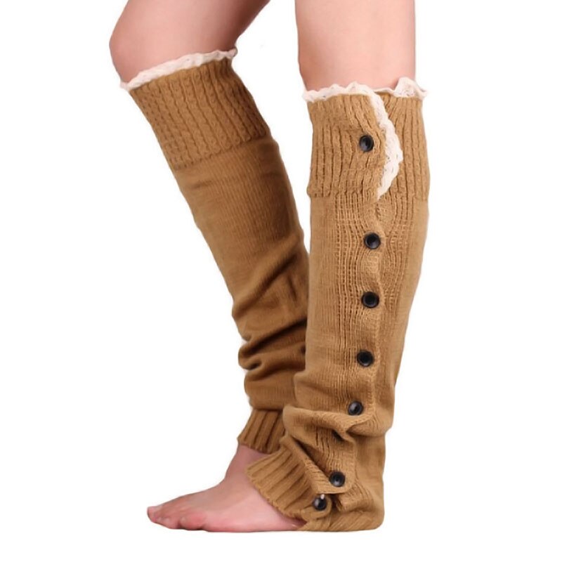 Mallas cálidas con botón de encaje para mujer, calentador de pies, cubiertas de botas, medias cálidas de punto para Otoño e Invierno: Caqui
