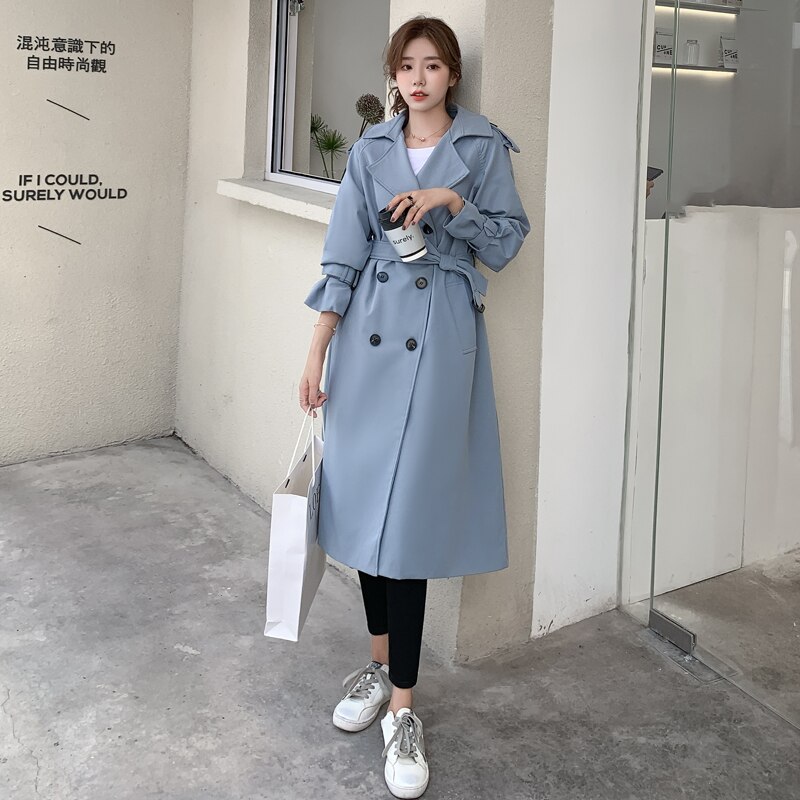 Double-Breasted Women Trench Coat Long Belted Slim Lady Duster Coat Cloak Female Outerwear Spring Autumn Clothes: Blue / XS