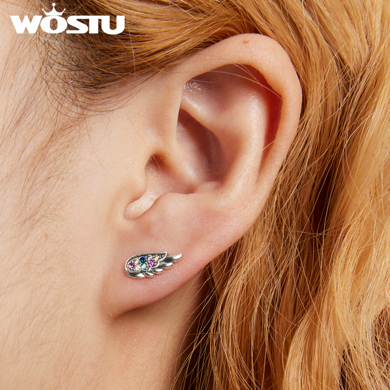 Wostu genuine 925 sterling silver angel wing stud earrings for women hollow rainbow zircon ear studs  s925 fine jewelry fie 1397