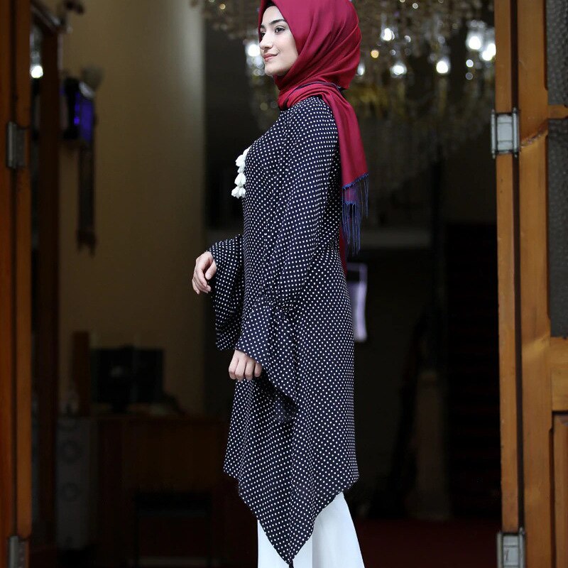 KALENMOS caftan musulman Abaya robe femmes été imprimé points Hijab longue Blouse hauts manches évasées asymétrique ourlet robes islamiques