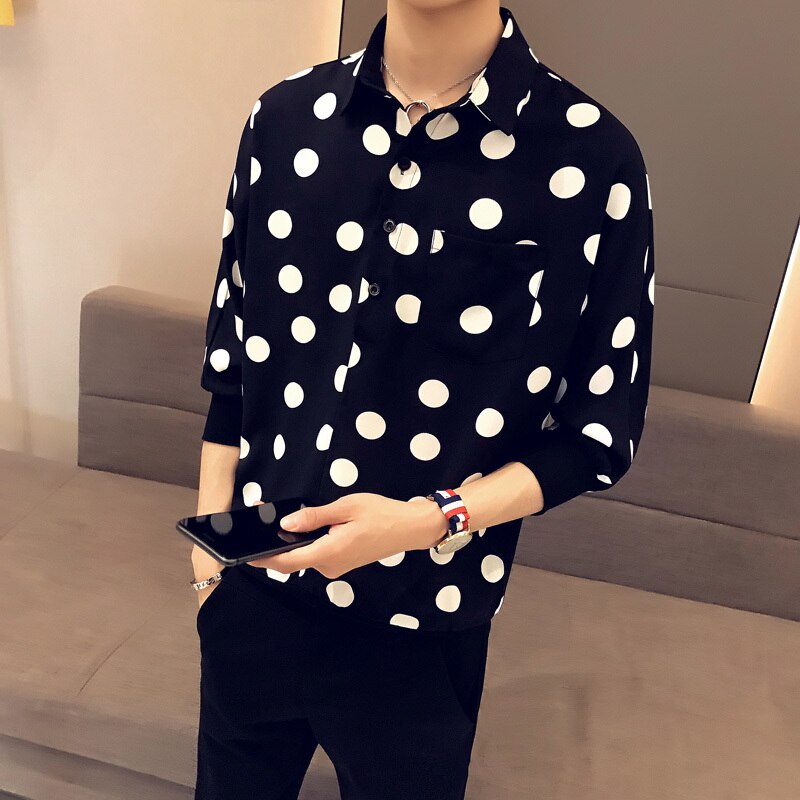 Summer Dress Shirt Men Slim Dot Print Sleeves Casual Shirt Man Streetwear British Wind Loose Short-sleeved Shirt