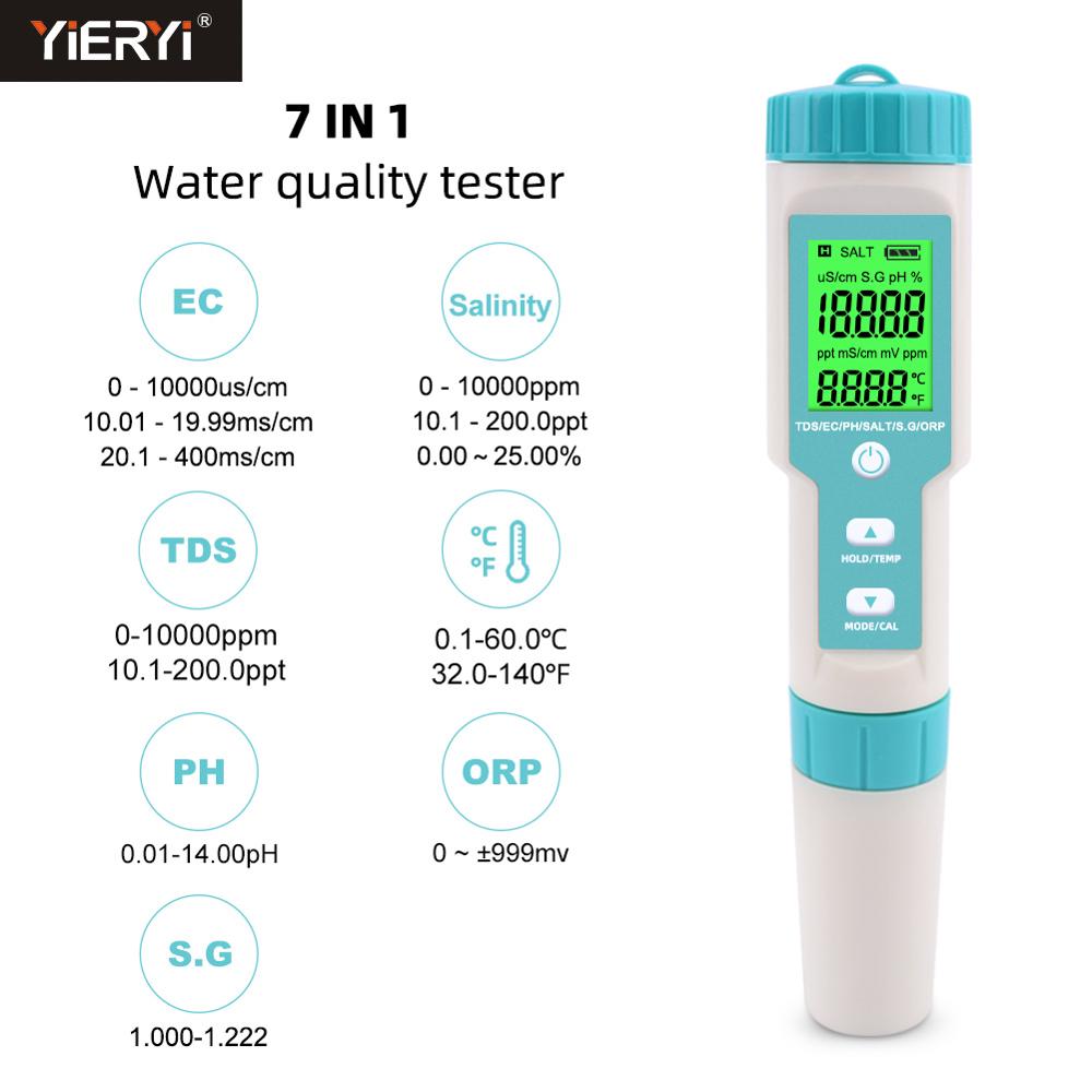 Water Tester 7 In 1 Ph/Tds/Ec/Orp/Zoutgehalte/S. G/Temperatuur Meter Water Quality Tester Voor Drinkwater, Aquaria Ph Meter