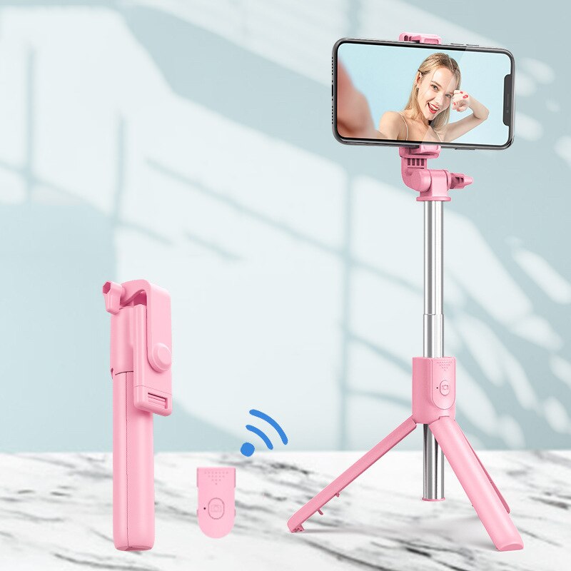 Wireless bluetooth selfie stick foldable mini tripod with fill light shutter remote control for IOS Android Smart phone: R1-Pink