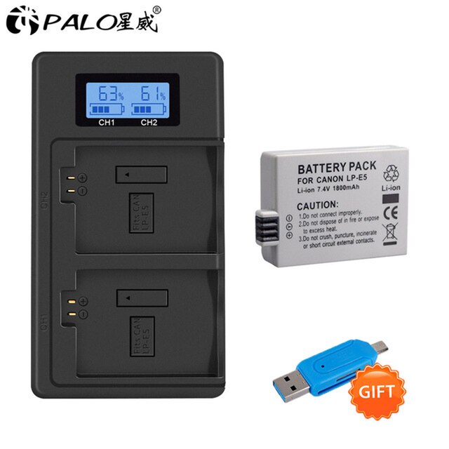 1800mAh LPE5 LP E5 LP-E5 Battery + LCD Dual USB Charger For Canon 450D 500D 1000D KISS X2 X3 F Rebel XS XSi T1i: Yellow