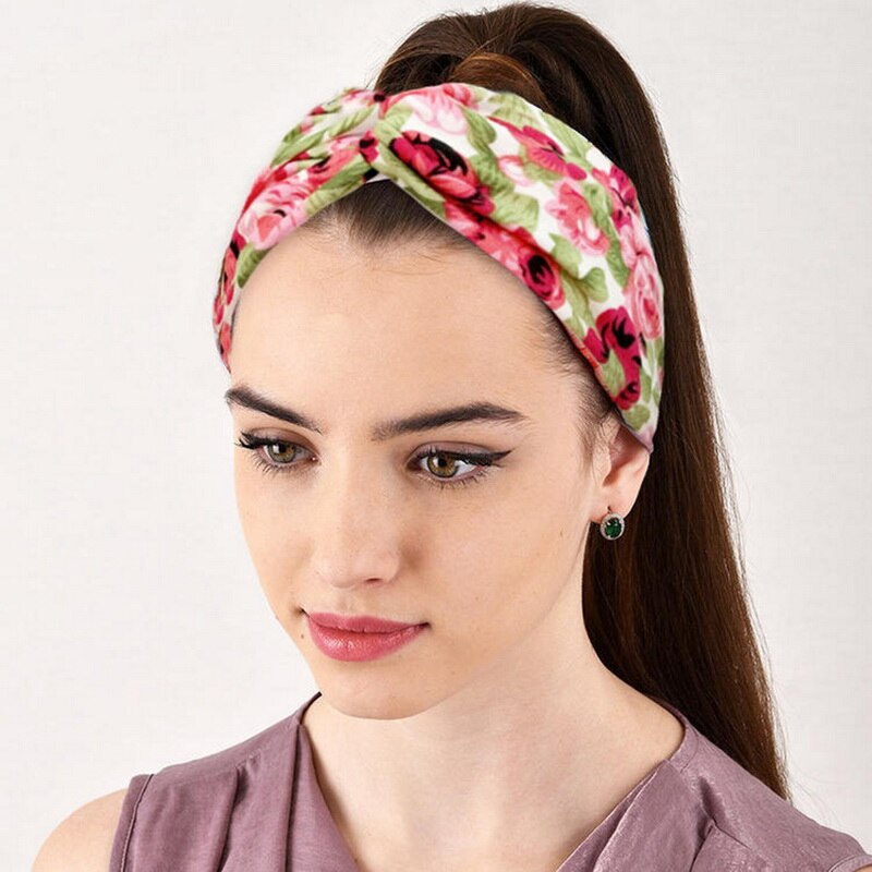 Vrouwen Bloem Bloemenprints Elastische Tulband Cross Knoop Haarband Brede Stretch Meisjes Haarband Haar Accessoires