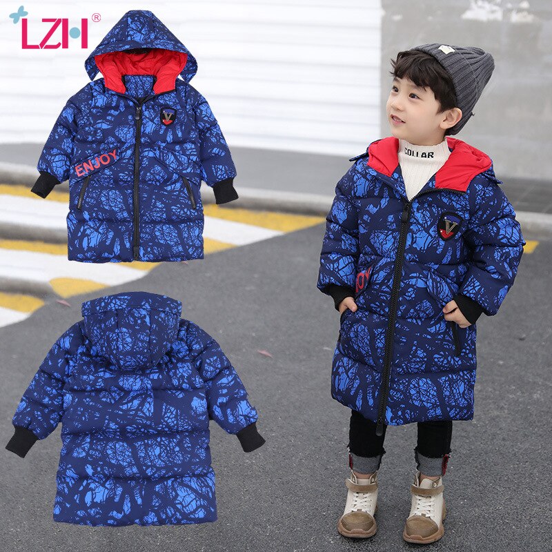 LZH Herbst Winter Mitte-Länge Blau aufbringen Baumwolle Mantel Mit Kapuze freundlicher Unten Jacke lässig Buchstaben Jacke Für EINE Jungen 3-10Y