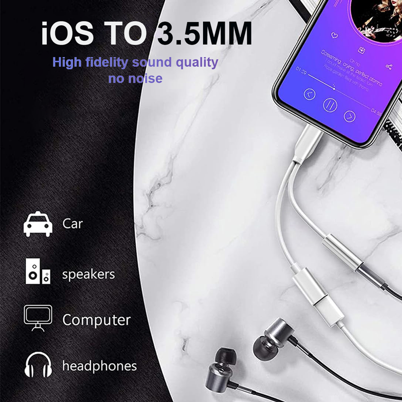 OTG 2 IN 1 iOS do 3,5 mm gniazda słuchawkowego Adapter iOS do szybkiego ładowania Rozdzielacz do iPhone 14 13 12 11 8 Pro Max X XR SE iPad