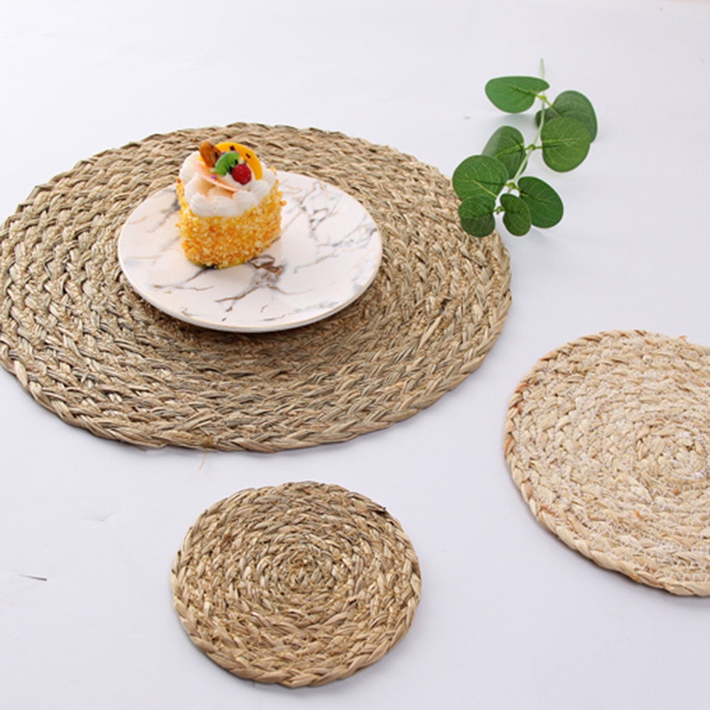 Handmade Woven Aquatic Plants Thread Jute Table Mat Non-Slip Dining Table Placemat Rattan Insulation Cup Coaster Home
