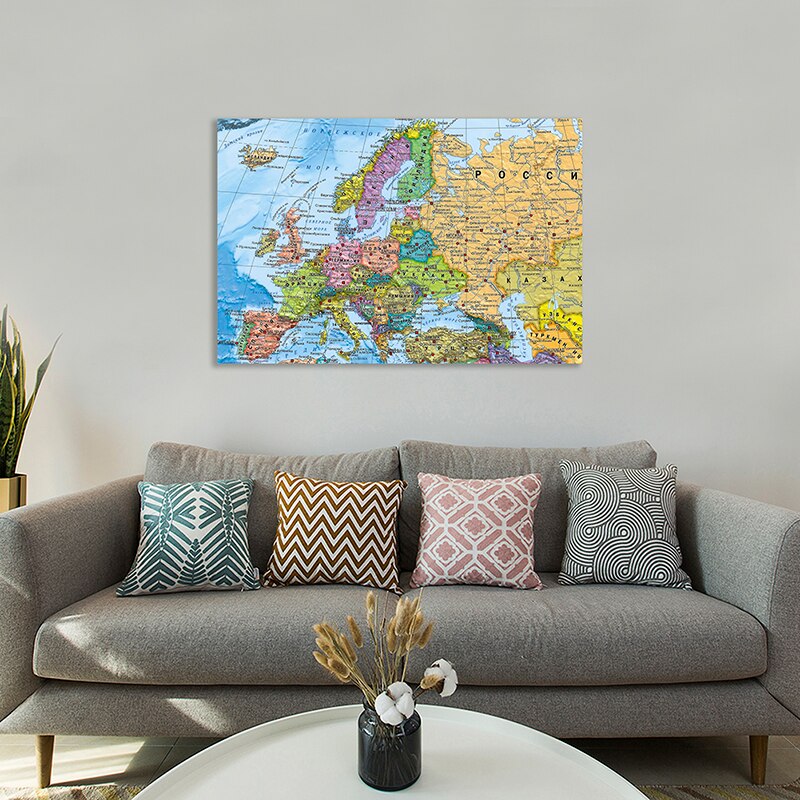 The Europe Map 150*100cm Non-woven Canvas Painting Russian Language Wall Art Poster Living Room Home Decoration Study Supplies