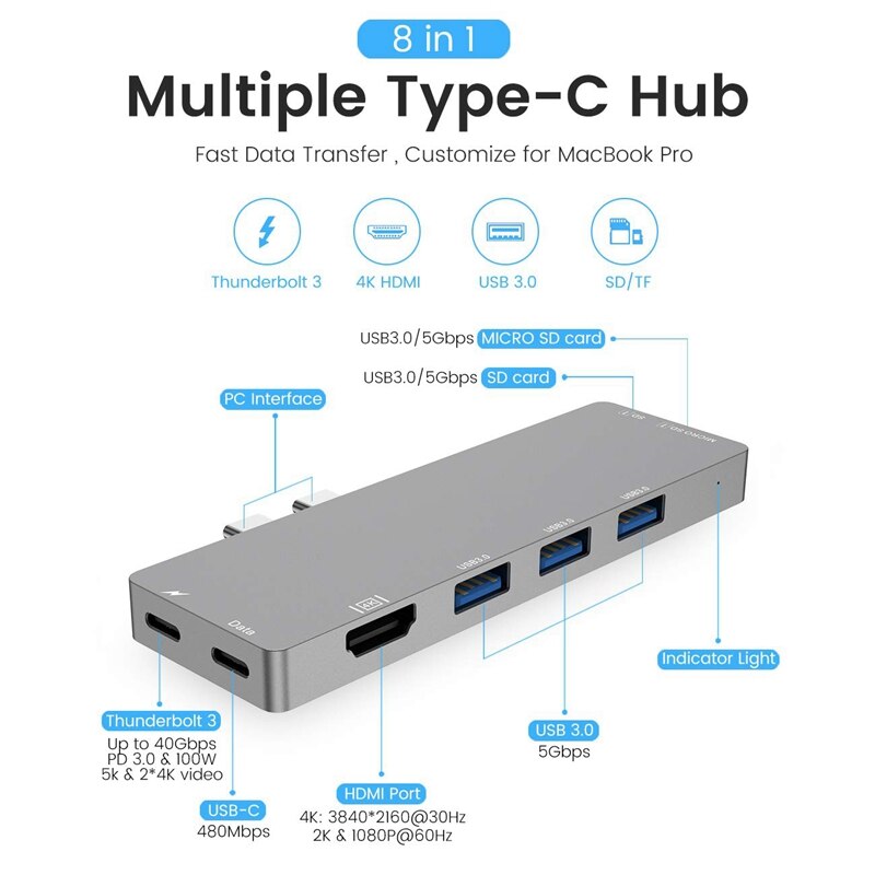 Thunderbolt-3 Type-C Hub 8 In 1 Card Reader USB3.1 Charger Adapter 4K HDMI for MacBook Pro /Macbook Air 18