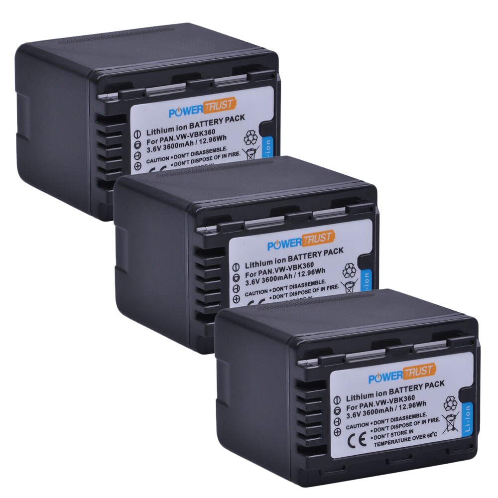Powertrust 1pc 3600 mah vw-vbk 360 vw vbk 360 vbk 360 batteri för panasonic hdc -hs80 sd40 sd60 sd80 sdx 1 sdr -h100 hs60 hs80 h85 h95: 3x batterier
