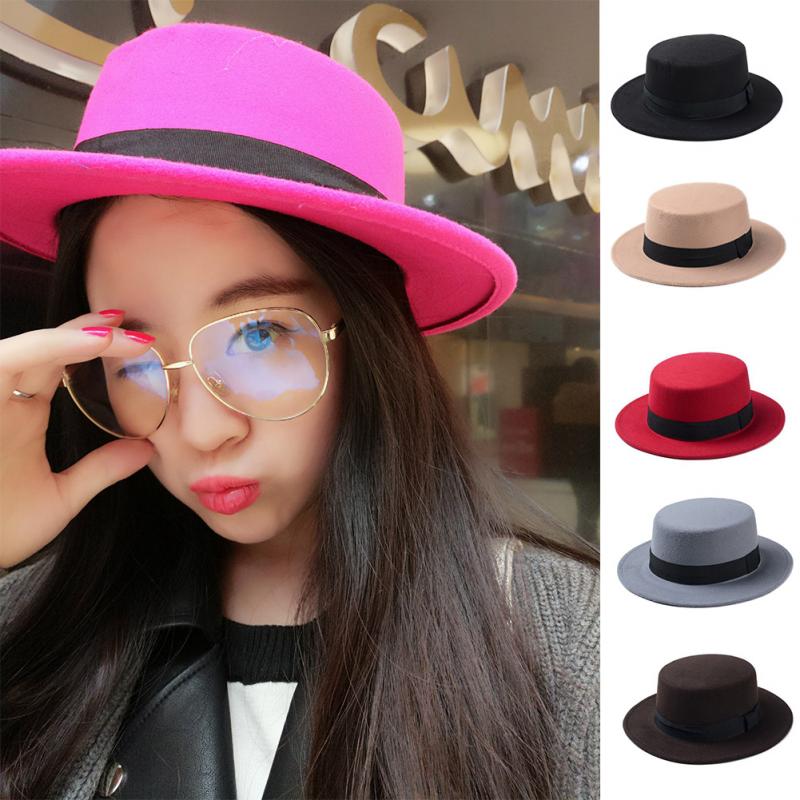 Mode Wol Schipper Flat Top Hat Voor Vrouwen Vilt Brede Rand Fedora Hoed