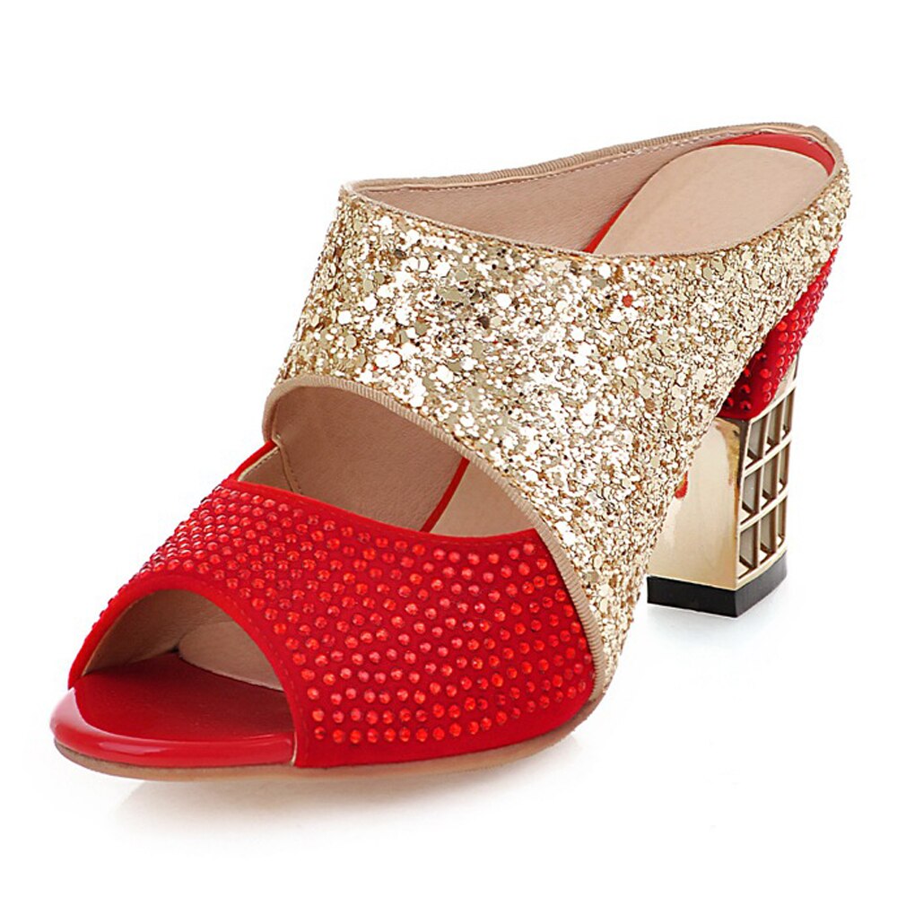 Meotina damesko sommertøffel glitter pigg høye hæler sko sexy krystall peep toe slides dame sandaler rød stor størrelse 34-43