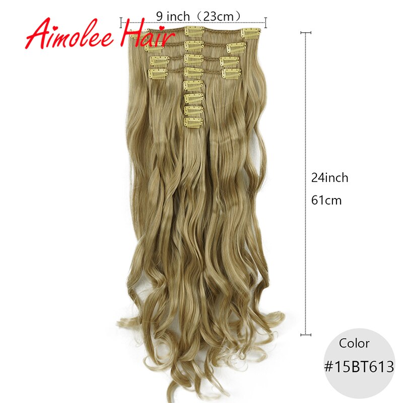 24 pulgadas 8 unids/set Natural largo ondulado rubia rojo destacar sintético postizo de Clip en extensiones de cabello 16 Clip de alta temperatura