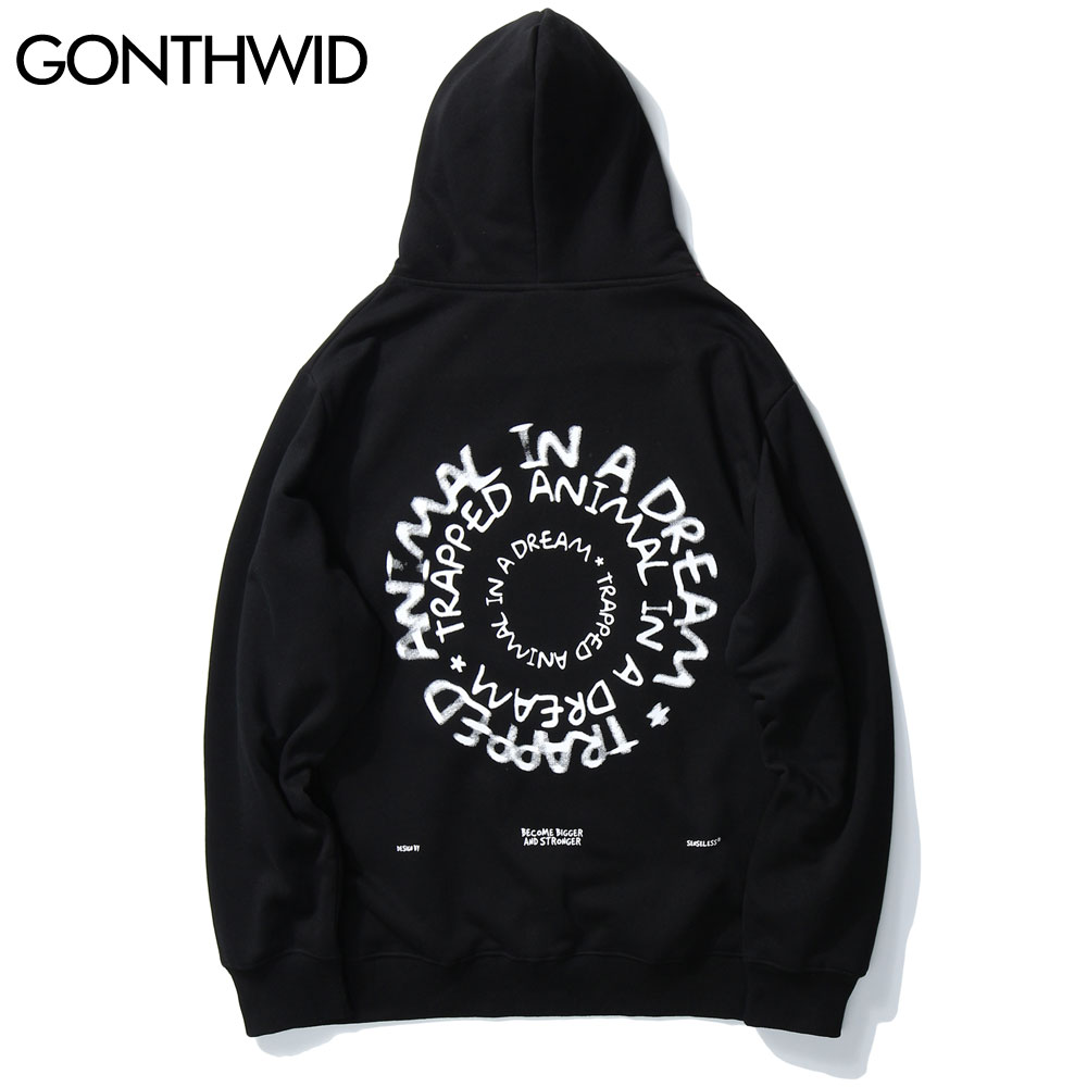 GONTHWID Trapped Animal Letters Print Hoodies Sweatshirts Streetwear Harajuku Mens Hip Hop Casual Pullover Tops