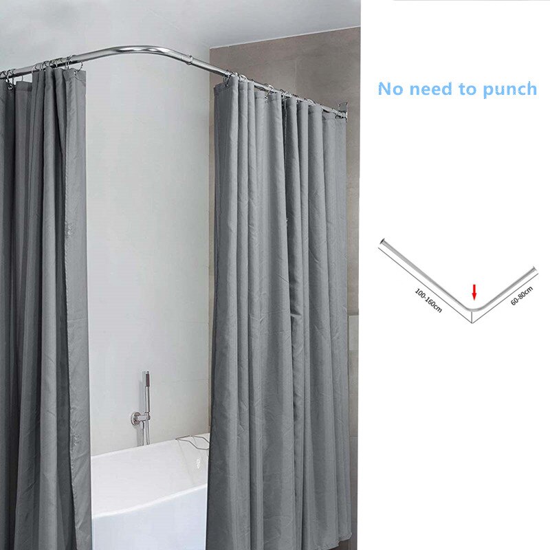 6 Size U/L-Shaped Shower Curtain Rod Retractable Curved 201 Stainless Steel Rail Rod No Punching Bathroom Curtain Mounting Rod