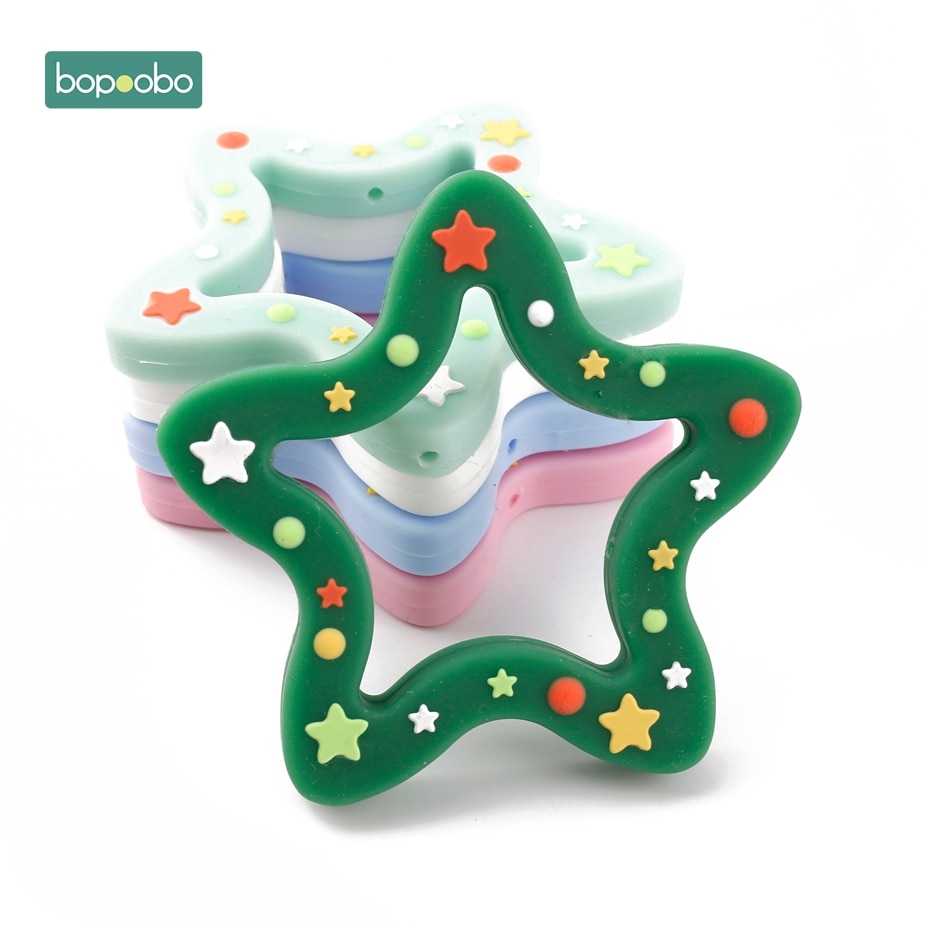 Bopoobo 1pc silikon snöflinga bitring julgran hänge stjärna jul rådjur för baby älg pepparkaka mansbaby bitring