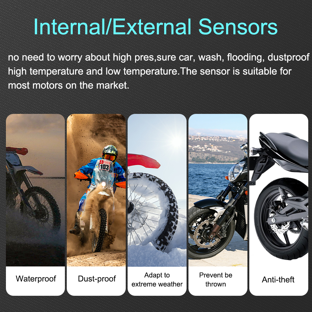 Sistema de monitoramento de pressão dos pneus de moto tpms, carregador usb, alarme de temperatura do pneu 2 sensores internos externos th/wi