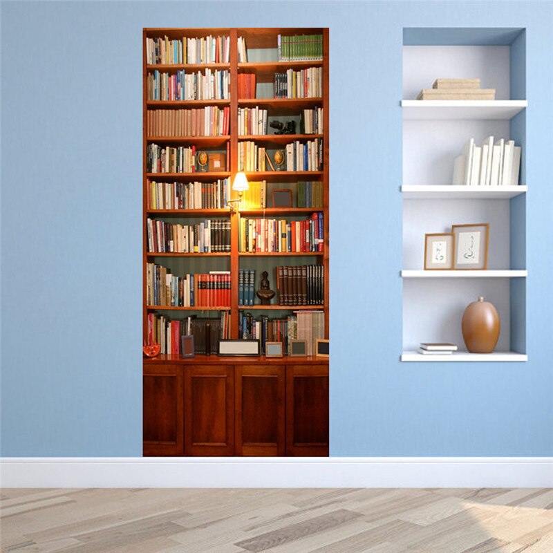 Bookcase 3D View Door Stickers Book Shelf Door Mural Library Art Vinyl Decal For Home Decoration Waterproof Bedroom Study Mural