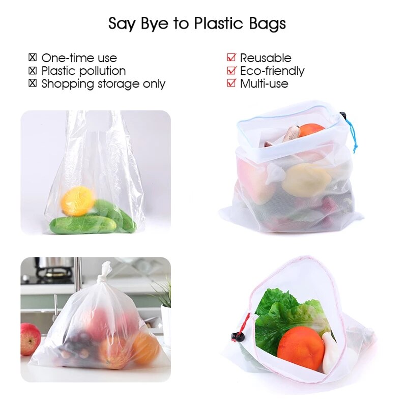 Eco Friendly Bags for Vegetables Fruit Reusable Produce Mesh Vegetable Bags kitchen Storage Net Washable Bag Food Storage